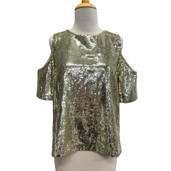 Boston Proper Tops - Boston Proper Sequin Top Swifty Open Shoulder  Size XS Gold Champagne Party